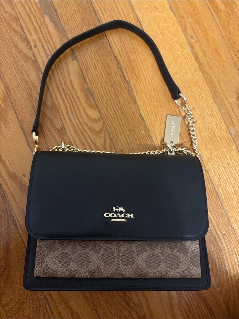 Coach Black and Brown Signature Flap Shoulder Bag with Gold Hardware